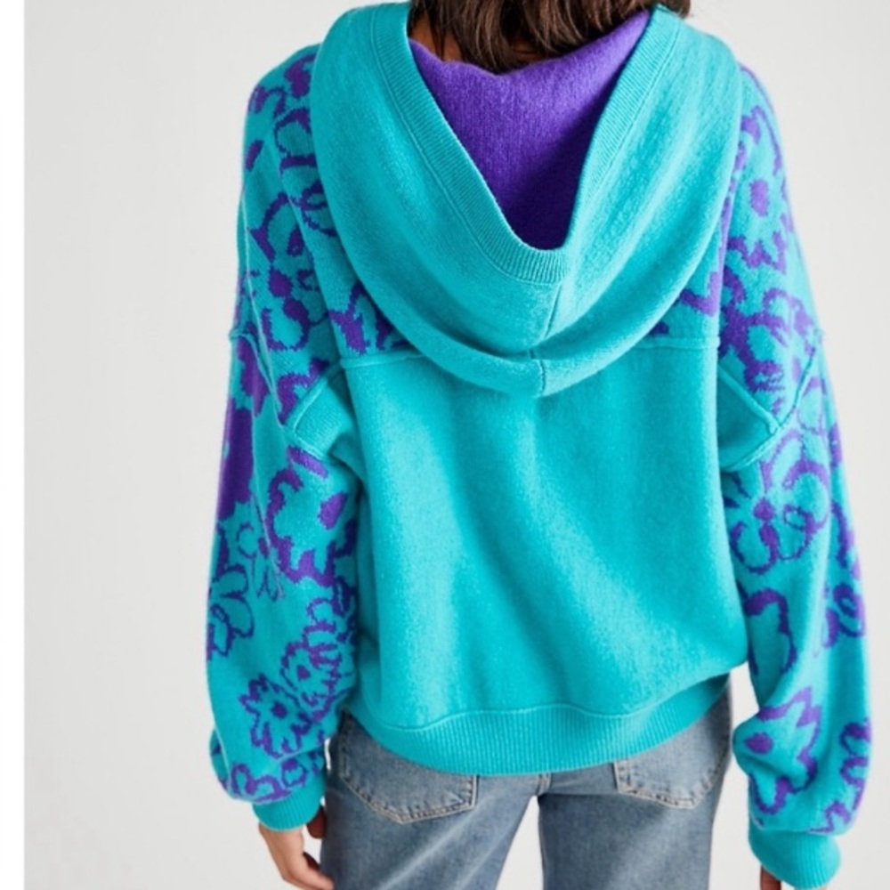Free People Teal and Purple Floral Hooded Pullover Sweater - Picture 2 of 16